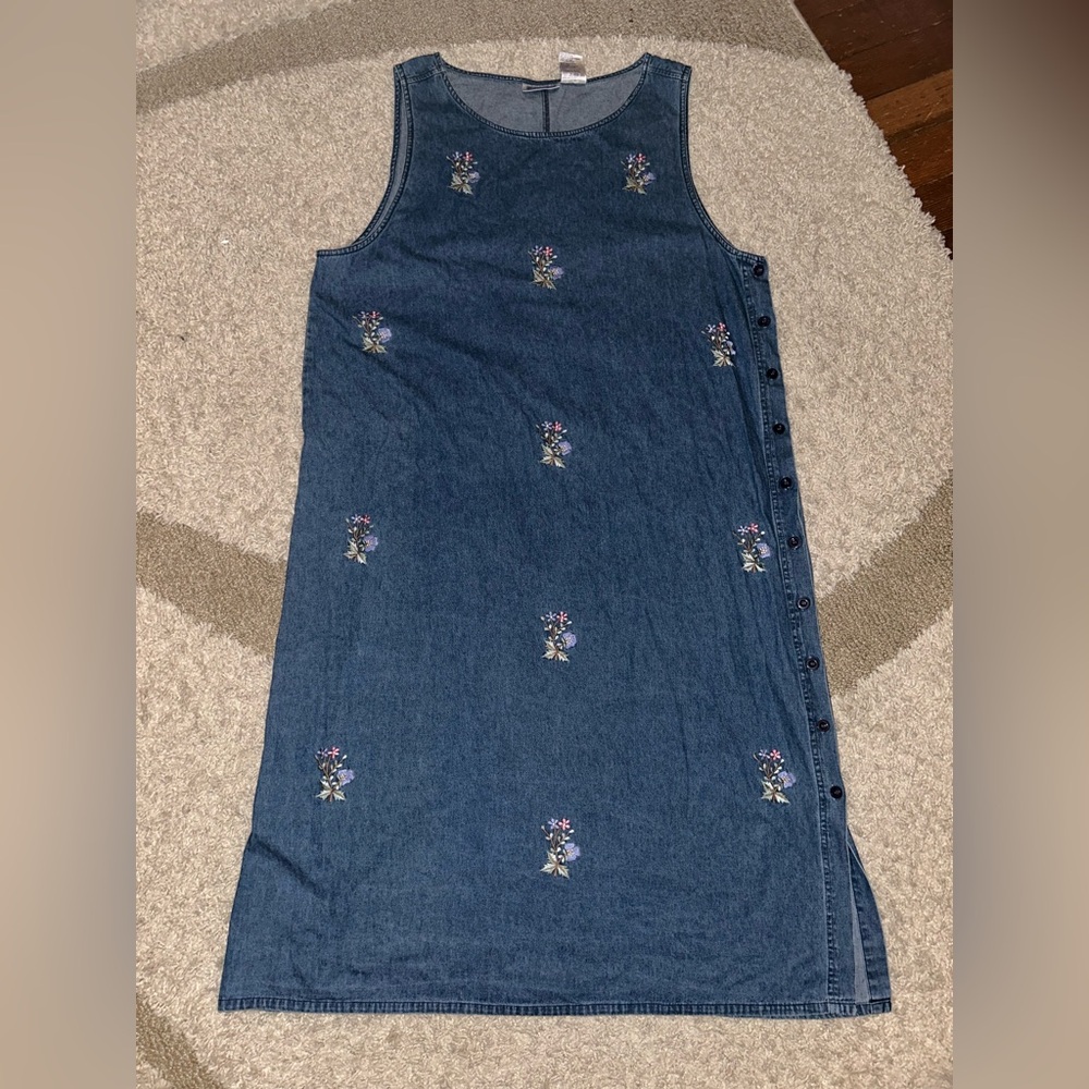 Woman 2X denim maxi dress pastel embroidery, floral flowers modest vintage